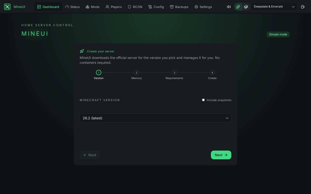 MineUI in Simple mode: the create-server flow with version picker, Deepslate & Emerald theme